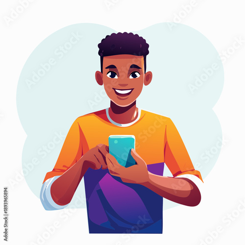 Vector illustration of a person using a smartphone app, clean flat design, soft gradients