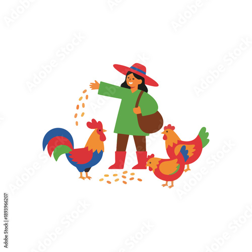 Woman Feeding Rooster and Chickens.