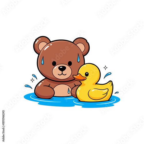 Crying Brown Cartoon Teddy Bear with Rubber Duck.