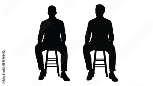 Two silhouetted figures seated on stools against a white background