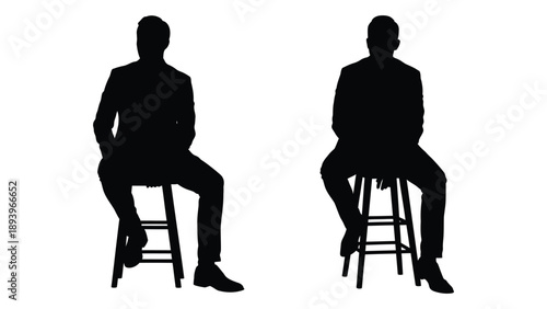 Silhouettes of two men seated on stools against a white background