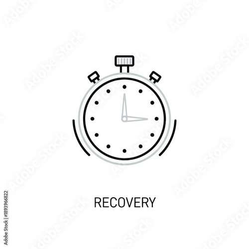 Stopwatch in simple flat design with recovery text in monochrome color on white background for fitness