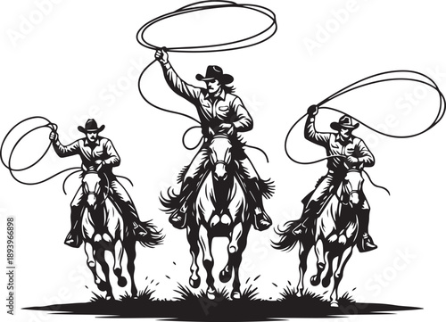 Three dynamic cowboys on horseback skillfully roping with their lassos in a classic western illustration