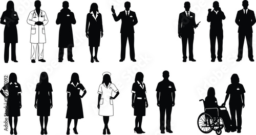 Professional people silhouettes collection, doctors nurses business men women standing poses, diverse occupations illustration, black isolated vector set