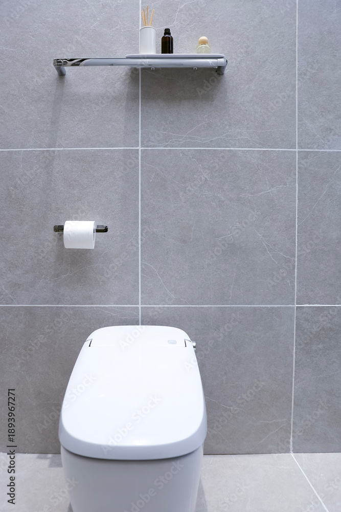 Fototapeta premium A white smart toilet is in the bathroom.