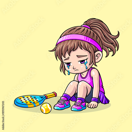 Sad Girl Padel Player Feeling Defeated and Crying in Cute Chibi Cartoon Illustration for Kids Sports Concept