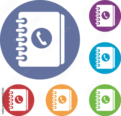 Six distinct contact book icons in various colors, each with a phone receiver for directory display Vector