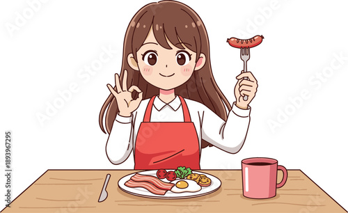 Cute anime girl in red apron enjoying a healthy breakfast with fried eggs bacon and sausage while showing okay sign for morning routine and cooking concepts.