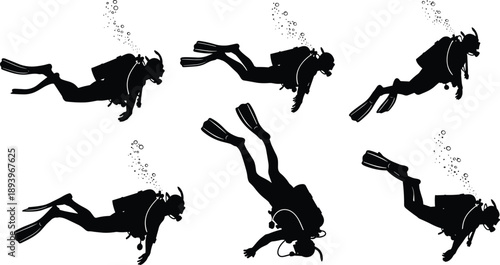 Scuba diver silhouettes collection, underwater swimming poses with bubbles, professional diving equipment illustration, black isolated vector set