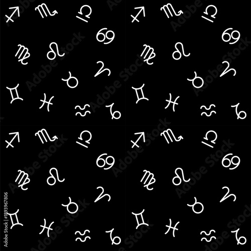 zodiac signs and geometric shapes on black background. Stylish abstract seamless pattern in trendy style Vector illustration	
