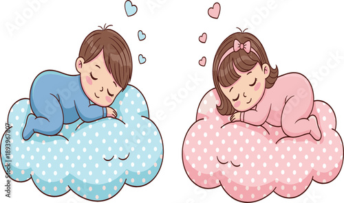 Cute cartoon vector illustration of a baby boy and girl sleeping peacefully on soft polka dot clouds with floating hearts for nursery decor and shower cards.