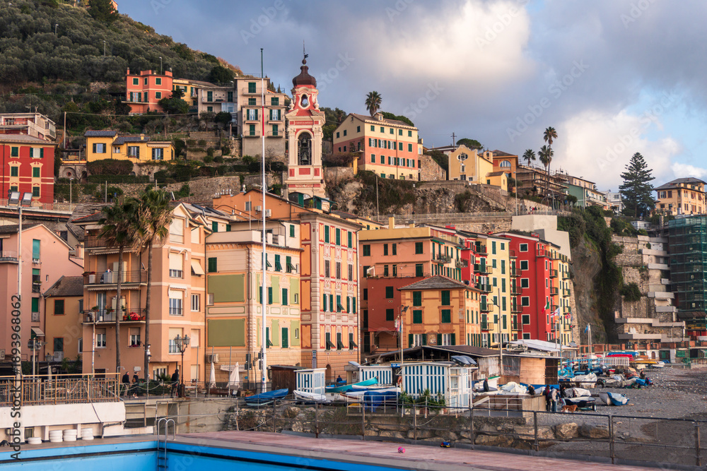 Fototapeta premium Camogli (Province of Genoa, Liguria), Italy, 01.05.2026: view of the colourful village along the italian riviera during winter.