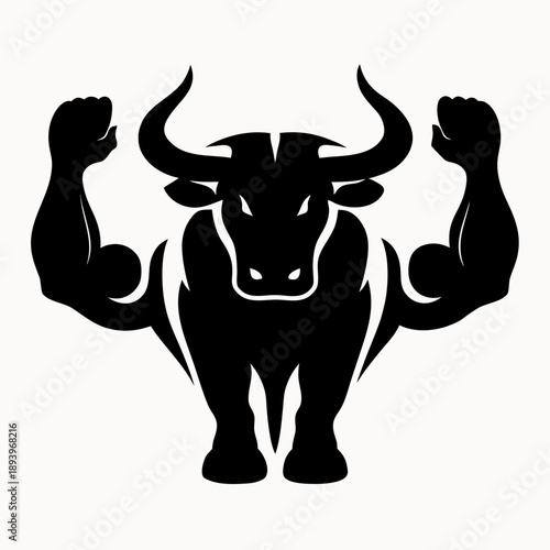A black silhouette of a muscular bull with flexed arms and horns