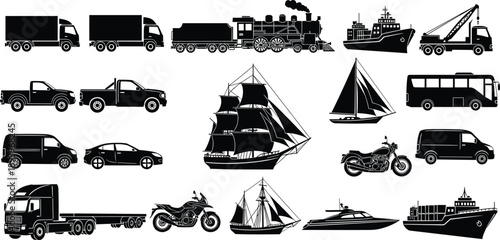 WebTransportation vehicle silhouettes collection, land sea air transport types, cars trucks ships trains illustration, black isolated vector set