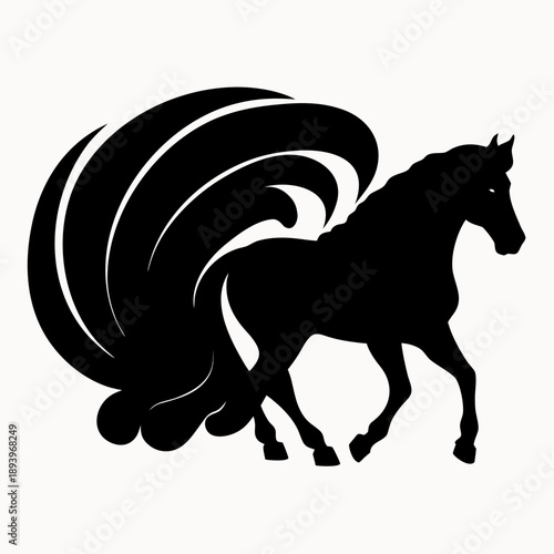Black silhouette of a horse with a swirly tail