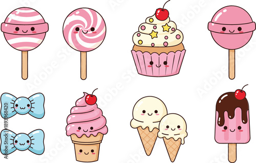 Cute kawaii dessert vector set featuring smiling lollipops cupcake ice cream cones popsicles and candy icons for sweet shop branding party invitations and stickers.