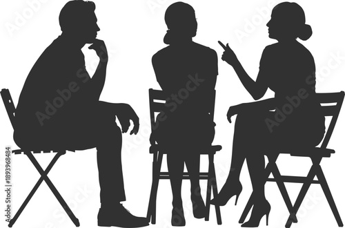 People conversation silhouette illustration featuring group discussion, communication dialogue, counseling session, business meeting concept, teamwork interaction, talking partners