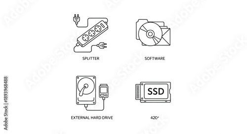 Computer Storage Devices in Simple Line Art Style with Black Lines on White Background for Tech Illustration