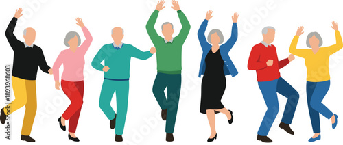 Active Senior People Illustration Showing Elderly Men and Women Dancing Happily Together for Healthy Aging, Fitness, and Lifestyle Design