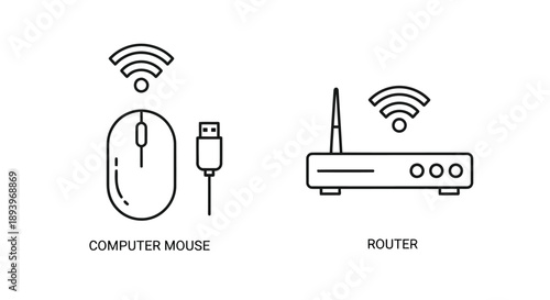 Wireless computer mouse and router in simple line art style with wireless signal icons in black and white for tech illustration