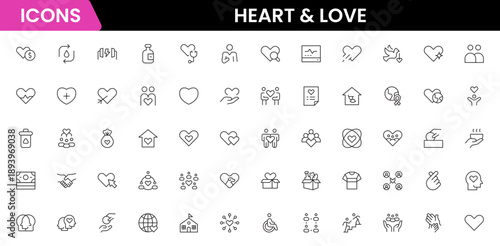 Heart, love, care, help, charity, and donation outline icons are set isolated on a white background in a flat vector illustration.
