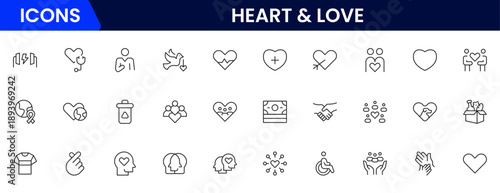 Heart, love, care, help, charity, and donation outline icons are set isolated on a white background in a flat vector illustration.