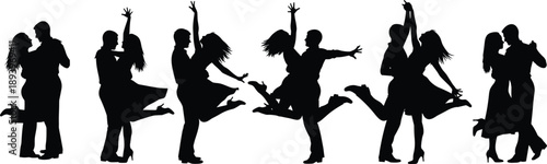  Dancing couples silhouette set, joyful man and woman performing swing and ballroom moves, energetic partner dance poses, black vector illustration isolated on white background