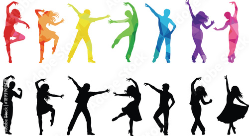  Colorful dancing people silhouettes set, modern abstract polygon figures and black dancers, energetic movement poses, contemporary dance illustration, vector collection isolated on white background
