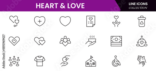 Heart, love, care, help, charity, and donation outline icons are set isolated on a white background in a flat vector illustration.