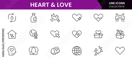 Heart, love, care, help, charity, and donation outline icons are set isolated on a white background in a flat vector illustration.