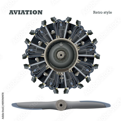 Aircraft piston engine. Rotor radial motor. Industrial isolated drawing. 3D sketch of retro machine. Aviation banner