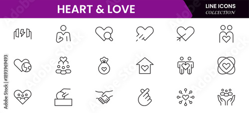 Heart, love, care, help, charity, and donation outline icons are set isolated on a white background in a flat vector illustration.