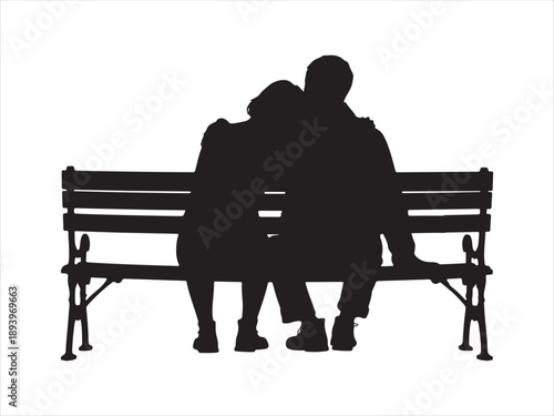 Silhouette of elderly couple sitting on park bench vector, Elderly Couple Sitting Together on Park Bench Silhouette illustration