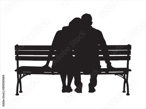 Silhouette of elderly couple sitting on park bench vector, Elderly Couple Sitting Together on Park Bench Silhouette illustration