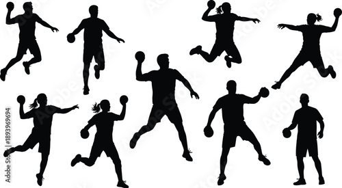 Handball player silhouettes in dynamic jumping and throwing poses isolated on white background for sports action and athletic design