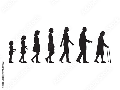 Human life stages silhouettes style, aging process from baby to senior, growth evolution timeline, people lifespan illustration vector Design