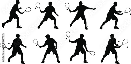 Set of tennis player silhouettes showing forehand and backhand strokes isolated on white background for sports training design