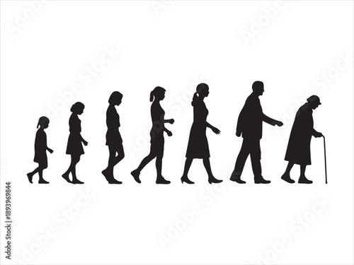 Human life stages silhouettes style, aging process from baby to senior, growth evolution timeline, people lifespan illustration vector Design