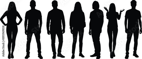 Standing people silhouettes in casual poses isolated on white background for social concepts, lifestyle design, and character illustration