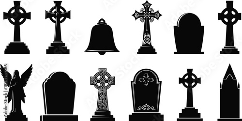 Vector, black, silhouettes, of, cemetery, gravestones, tombstones, celtic, crosses, angel, statue, and, church, bell, for, funeral, memorial, or, halloween, design, projects (22 words)