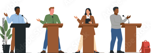 Public Speaking and Presentation Illustration Set Showing Diverse Men and Women Speaking at Podiums with Microphones for Conference and Leadership Design