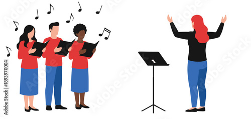 Choir Singing Illustration Showing Vocal Group Performing with Conductor and Music Notes for Concert, Practice, and Cultural Event Design