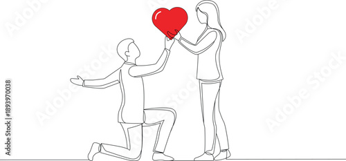Continuous one line drawing of man proposing to woman with red heart romantic couple vector illustration.