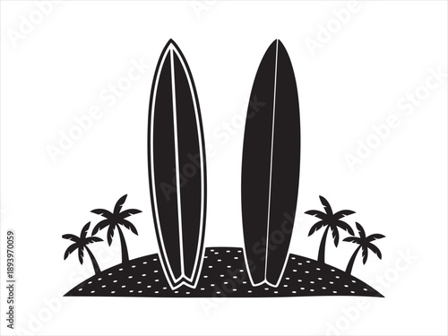 Surfboards with palm trees silhouette, Silhouette of tropical beach scene with palm trees surfboard and wave vector illustration