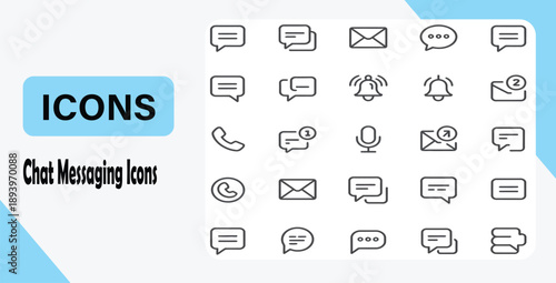 Vector art of collection of communication icons, featuring speaker, microphone, headphones, video camera, chat, phone, email, and notification symbols for modern interface design