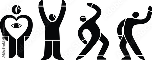 Abstract human figure silhouettes, modern body language icons, expressive movement poses, black vector illustration, minimal people symbols, creative concept design