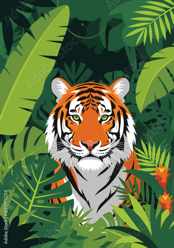 Vibrant vector illustration of a majestic tiger peeking through lush jungle foliage, capturing the essence of wildlife and nature's beauty