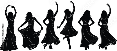 Elegant female dancer silhouettes, flowing dress movement, graceful dance poses, black vector illustration, modern women choreography concept, artistic motion design