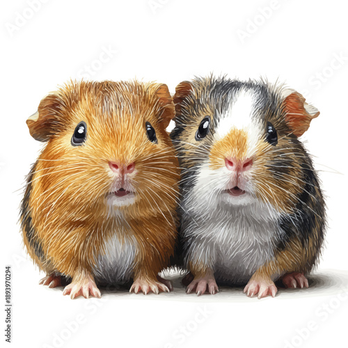Two Guinea Pigs Leaning, delicate painting watercolor vector with vivid brush accents, isolated on a white background.