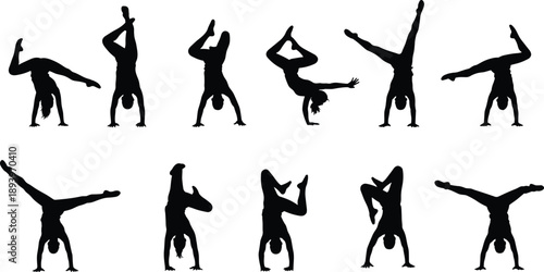Gymnast silhouette collection, acrobatic handstand poses, athletic body balance, black vector illustration, dynamic sport movement set, fitness choreography design, concept icons artwork